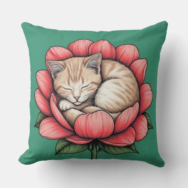 Adorable Kitten Sleeping Inside Flower Cushion (Front)