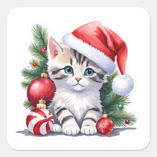 🎄 Adorable Kitten Under Christmas Tree with Balls Square Sticker (Front)