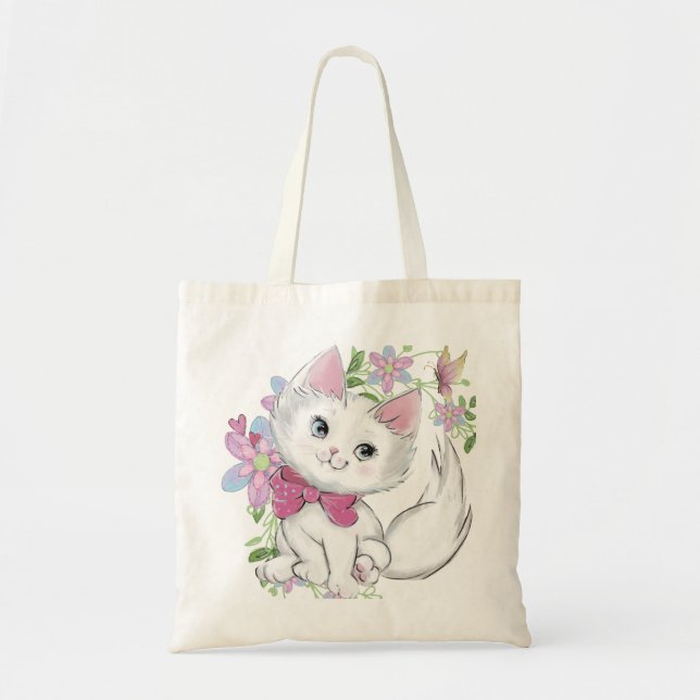 Adorable Kitten With Butterfly & Flowers Tote Bag (Front)