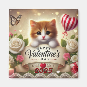 Adorable Kitten with Roses, Candles, and Hearts Magnet