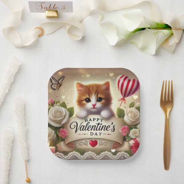 Adorable Kitten with Roses, Candles, and Hearts Paper Plate (Wedding)