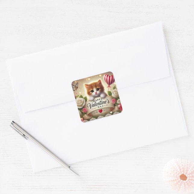 Adorable Kitten with Roses, Candles, and Hearts Square Sticker (Envelope)