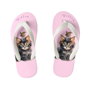 Adorable Kitten with Wren Bird  Kid's Flip Flops