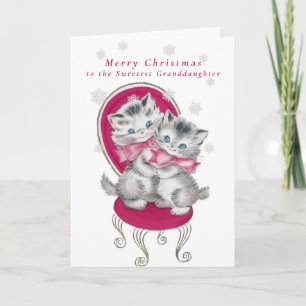 Adorable Kittens Pink Bow Christmas Snowflakes Card