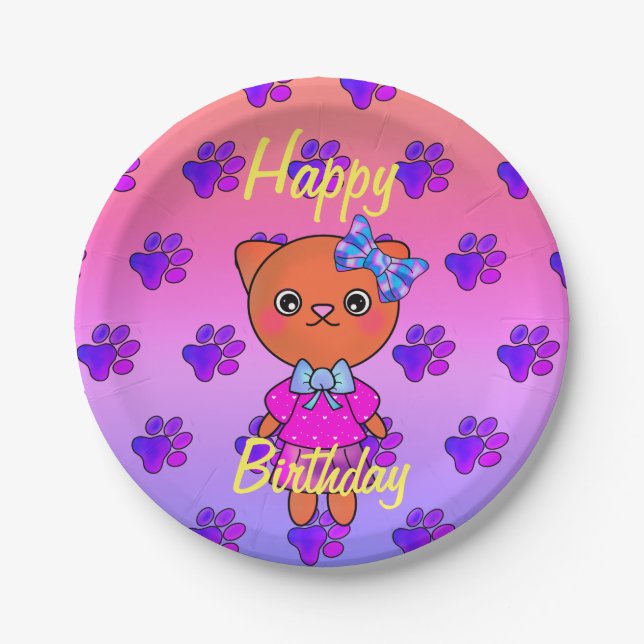 Adorable Kitty Cat Birthday Rainbow Paper Plate (Front)