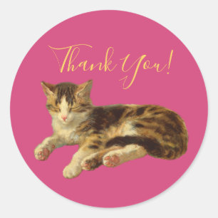 Adorable Kitty Cat Thank You Magenta Gold Script Classic Round Sticker