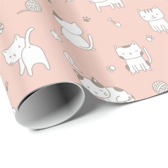 Adorable Kitty Cats Pattern On Pink Wrapping Paper (Roll Corner)