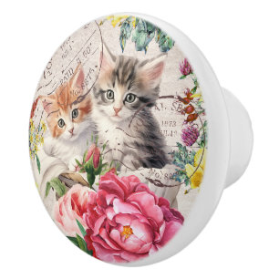 Adorable kitty Colourful floral stamps furniture Ceramic Knob