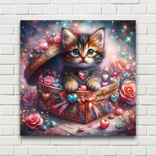 Adorable Kitty In Heart Box With Flowers  Poster