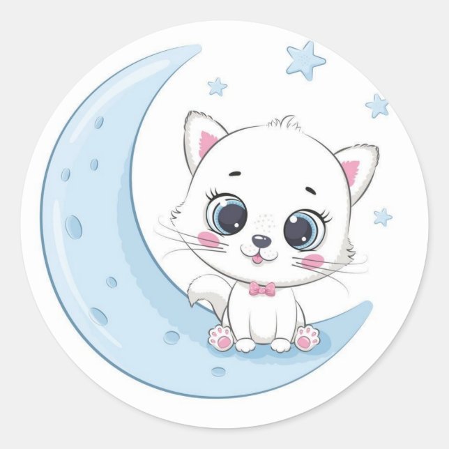 Adorable Kitty Over the Moon  Classic Round Sticker (Front)