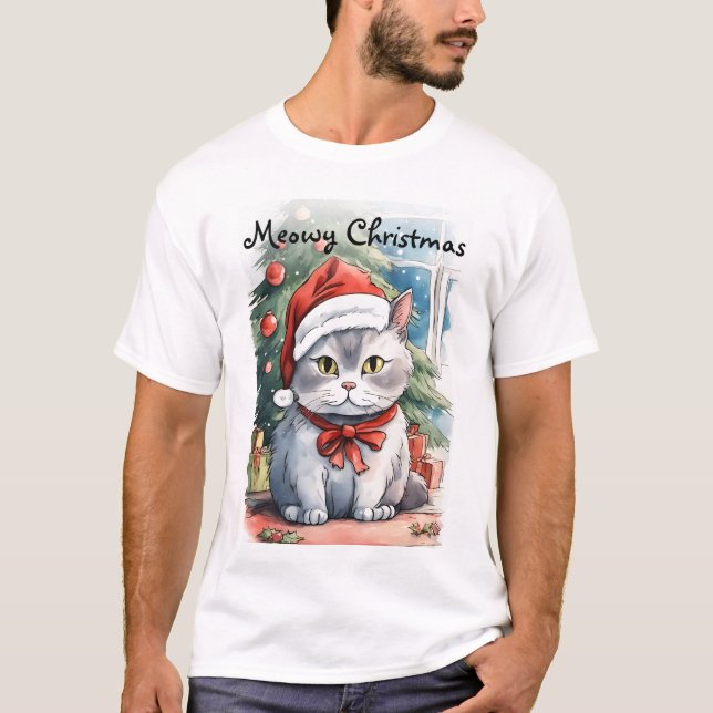 Adorable kitty watercolor style Meowy Cristmas  T-Shirt (Front)