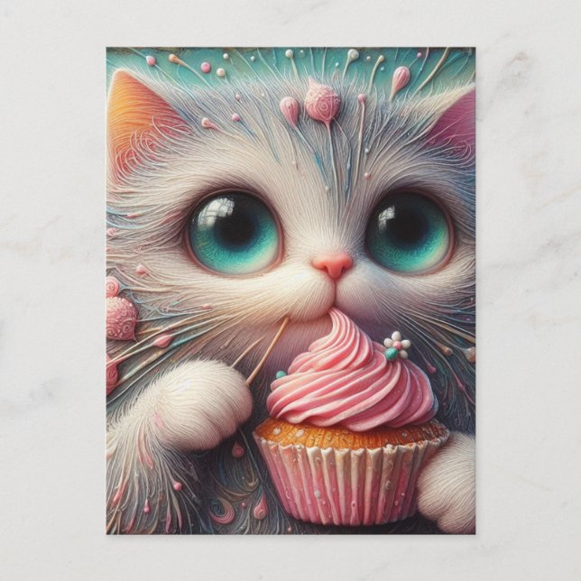 Adorable Kitty With a Pink Cupcake Postcard (Front)