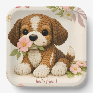 Adorable Knitted Puppy Floral Napkins – Whimsical Paper Plate