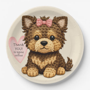 Adorable Knitted Puppy with Bow Party Illustration Paper Plate