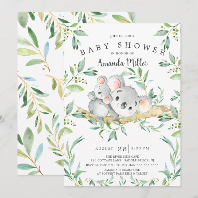Adorable Koala Bear Baby Shower Invitation (Front/Back)