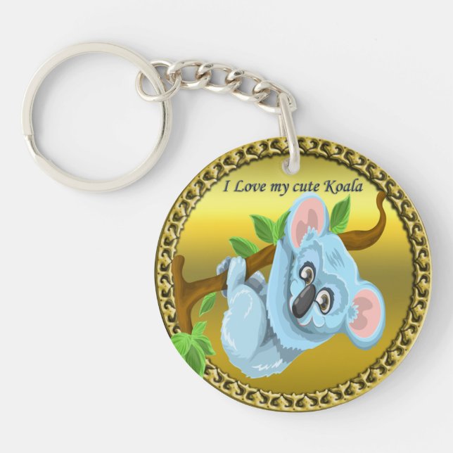 Adorable koala bear hanging on a tree branch key ring (Front)