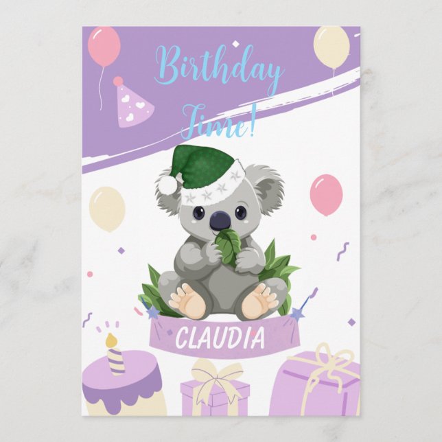 Adorable Koala Birthday Card with Balloons & Party (Front)