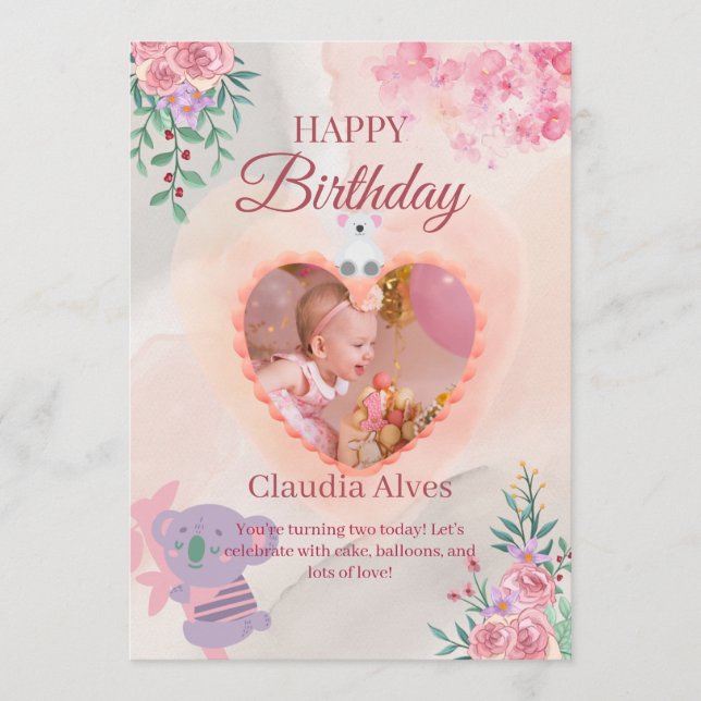 Adorable Koala & Girl Birthday Card for Kids Happy (Front)