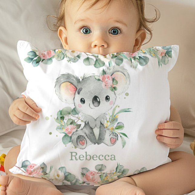 Adorable Koala Pink Floral Eucalyptus Girl Nursery Cushion (Creator Uploaded)