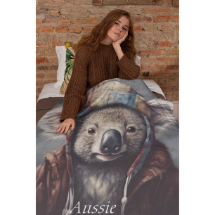 Adorable koala wearing cute hat cusomizable fleece blanket