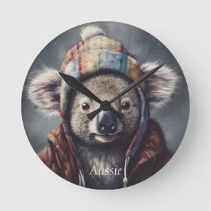 Adorable koala wearing cute hat cusomizable  round clock
