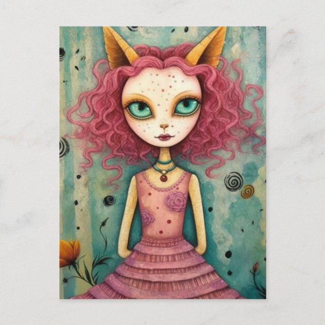 Adorable Lady With Cat Ears Mixed Media Collage Postcard (Front)