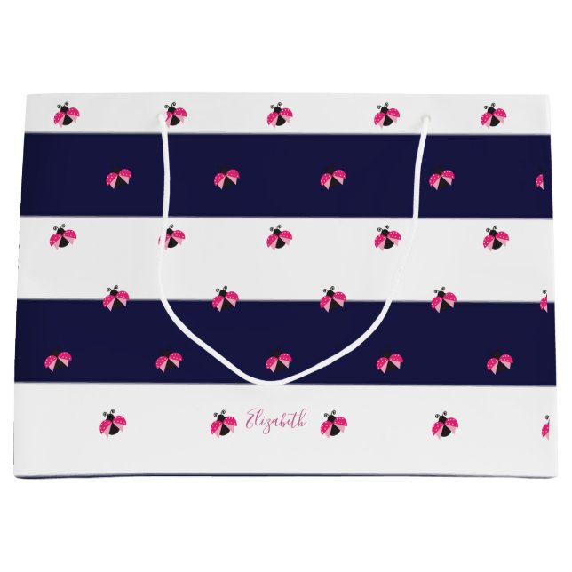 Adorable Ladybird Navy Blue Stripes Large Gift Bag (Front)
