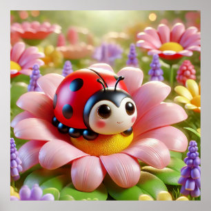 Adorable Ladybug Sitting on Pink Flower Poster