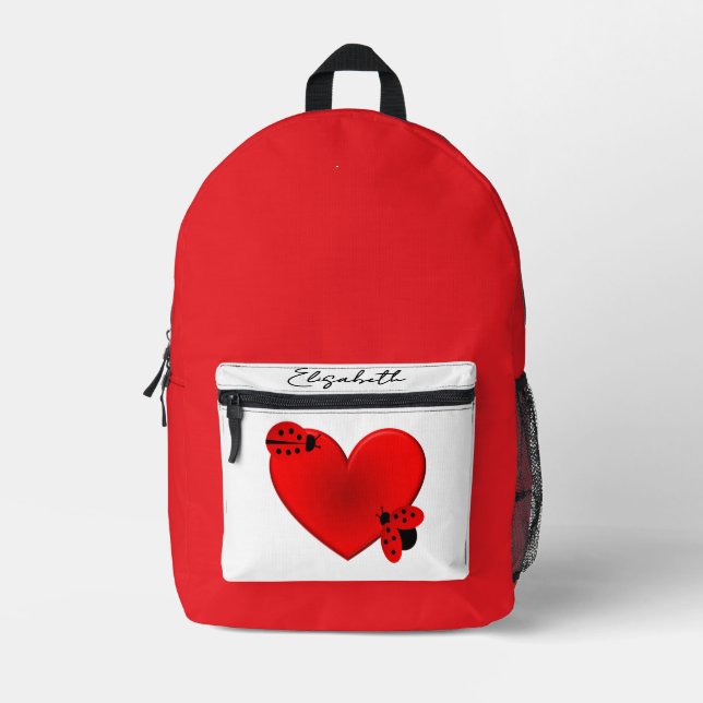 Adorable ladybugs and a heart and your name printed backpack (Front)