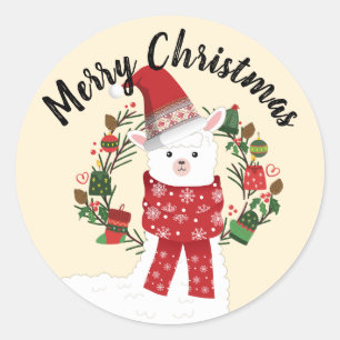 Adorable Lama with Christmas Wreath Classic Round Sticker