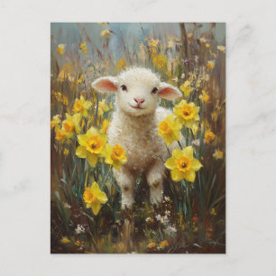 Adorable Lamb Yellow Daffodils Painting Postcard