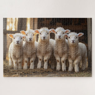 Adorable Lambs in a Row Rustic Farm Jigsaw Puzzle