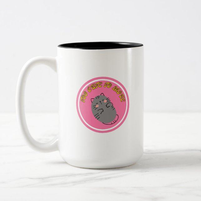 Adorable Lazy Cat "Too Cute To Move" Design Two-Tone Coffee Mug (Left)