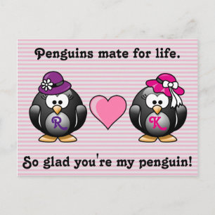Adorable Lesbian Penguins Two Brides Heart Hat Postcard