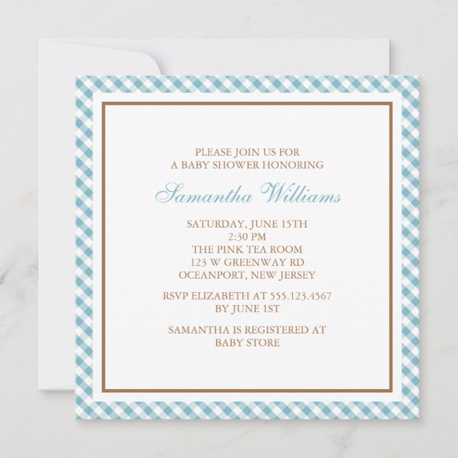 Adorable Light Blue Gingham Baby Shower Invitation (Front)