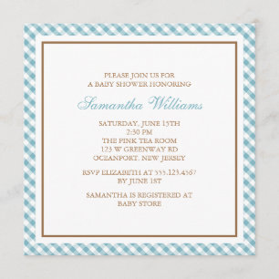 Adorable Light Blue Gingham Baby Shower Invitation