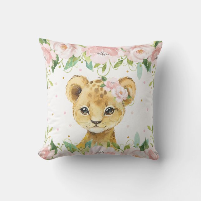 Adorable Lion Blush Pink Floral Children Room Cushion (Front)