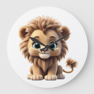 Adorable Lion Cub Sitting Portrait Illustration Large Clock