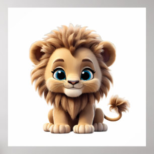 Adorable Lion Cub Sitting Portrait Illustration Poster