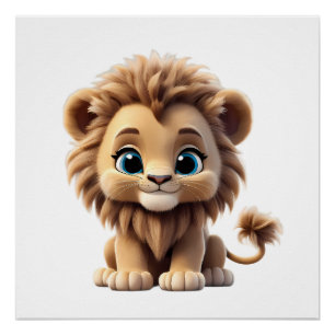 Adorable Lion Cub Sitting Portrait Illustration Poster