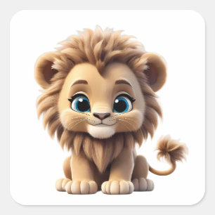 Adorable Lion Cub Sitting Portrait Illustration Square Sticker
