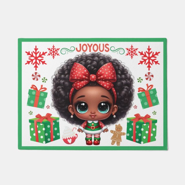 Adorable Little Afro Christmas Elf Girl Doormat (Front)