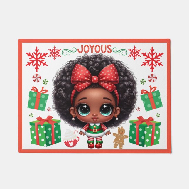 Adorable Little Afro Christmas Elf Girl Doormat (Front)
