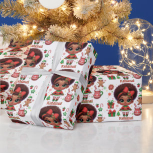 Adorable Little Afro Christmas Elf Girl Wrapping Paper