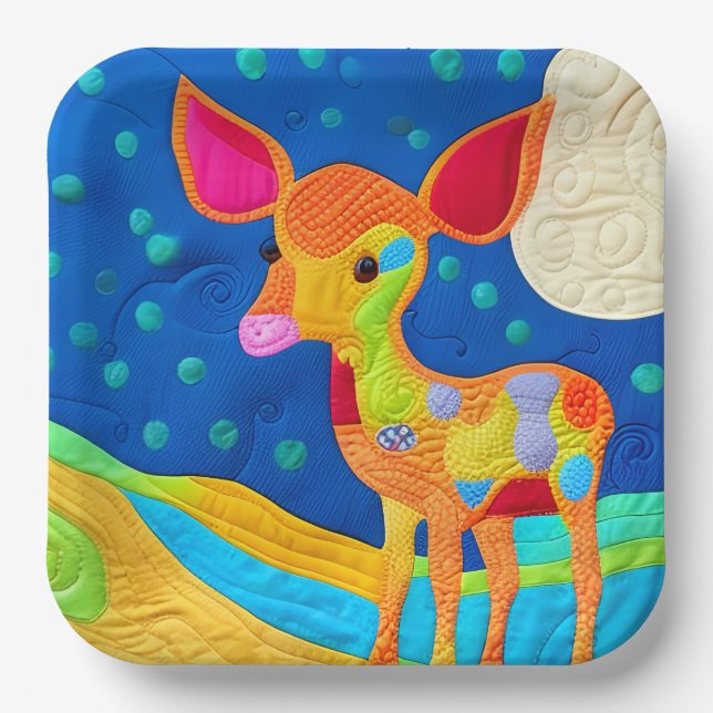 Adorable Little Baby Deer - Quilt-Like Design Paper Plate (Front)