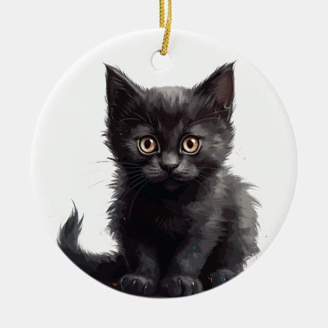 ADORABLE LITTLE BLACK KITTEN CERAMIC TREE DECORATION (Front)