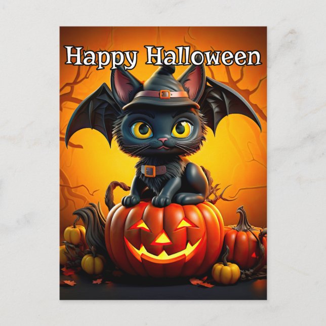 Adorable Little Black Kitty Cat | Happy Halloween Postcard (Front)
