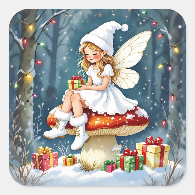 Adorable Little Christmas Fairy on Mushroom Square Sticker (Front)