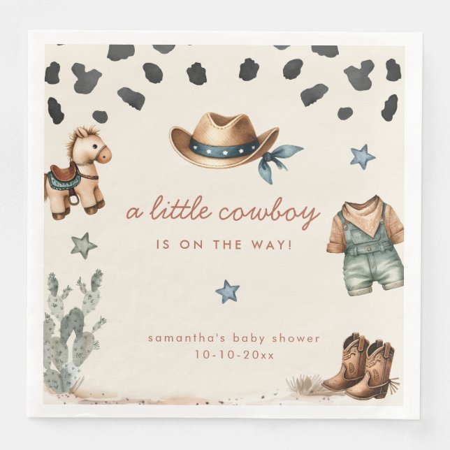 Adorable Little Cowboy is on way boy baby shower Napkin (Front)