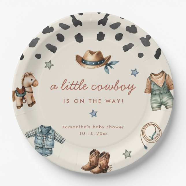 Adorable Little Cowboy is on way boy baby shower Paper Plate (Front)